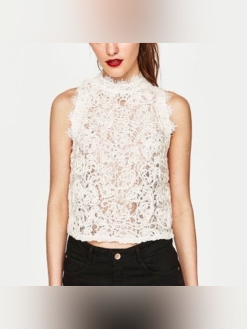 Zara White Lace High Neck Sleeveless Camisole